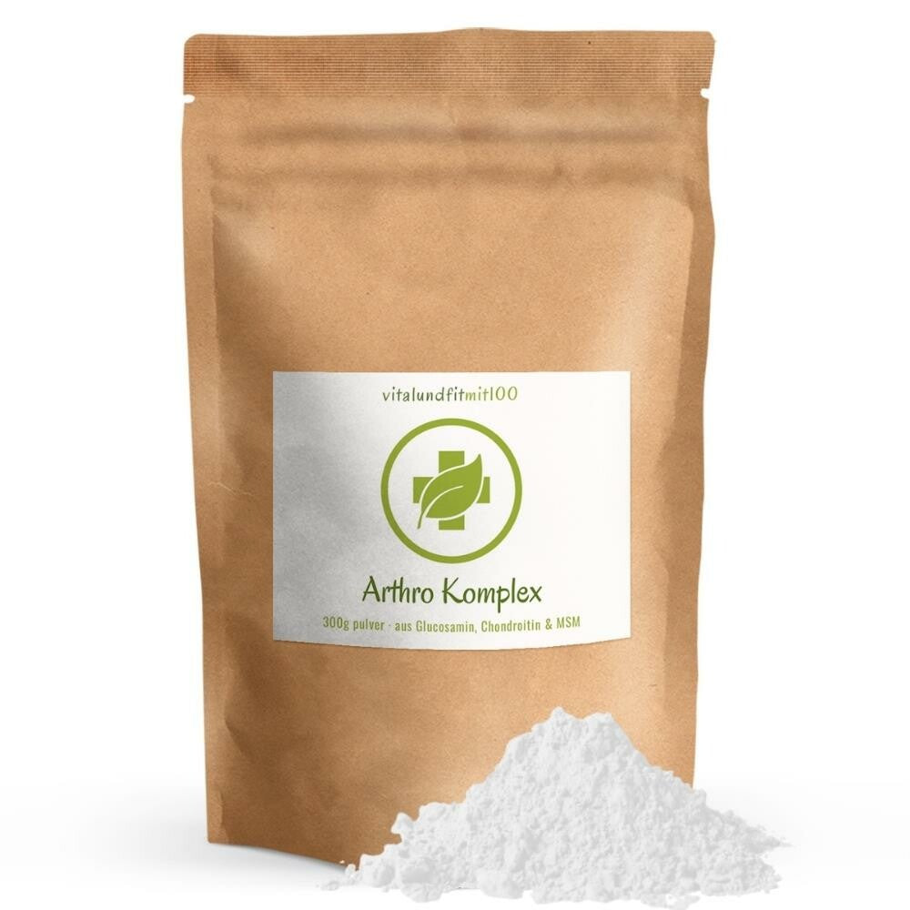 Arthro Komplex, 300 g: brauner Beutel neben weissem Pulver.