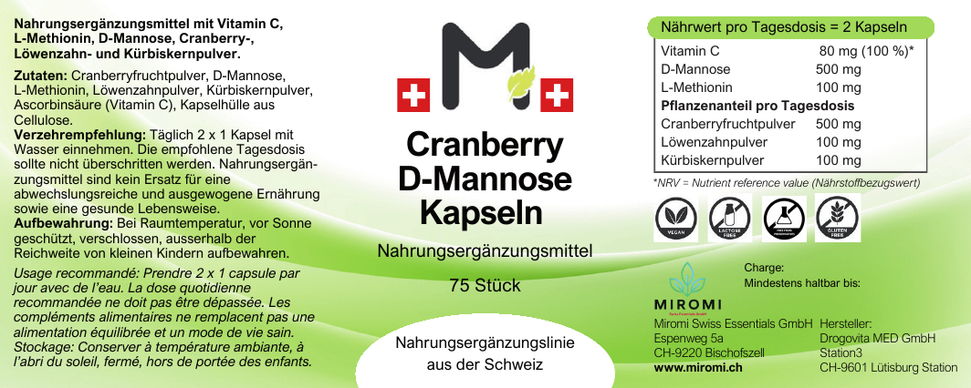 Cranberry D-Mannose Kapseln – MIROMI Etikett mit Zutaten, Verzehrempfehlung und Nährwerten