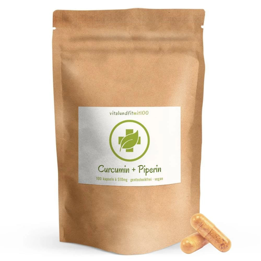 Curcumin Piperin, 100 Stk.: brauner Beutel neben gelben Kapseln.