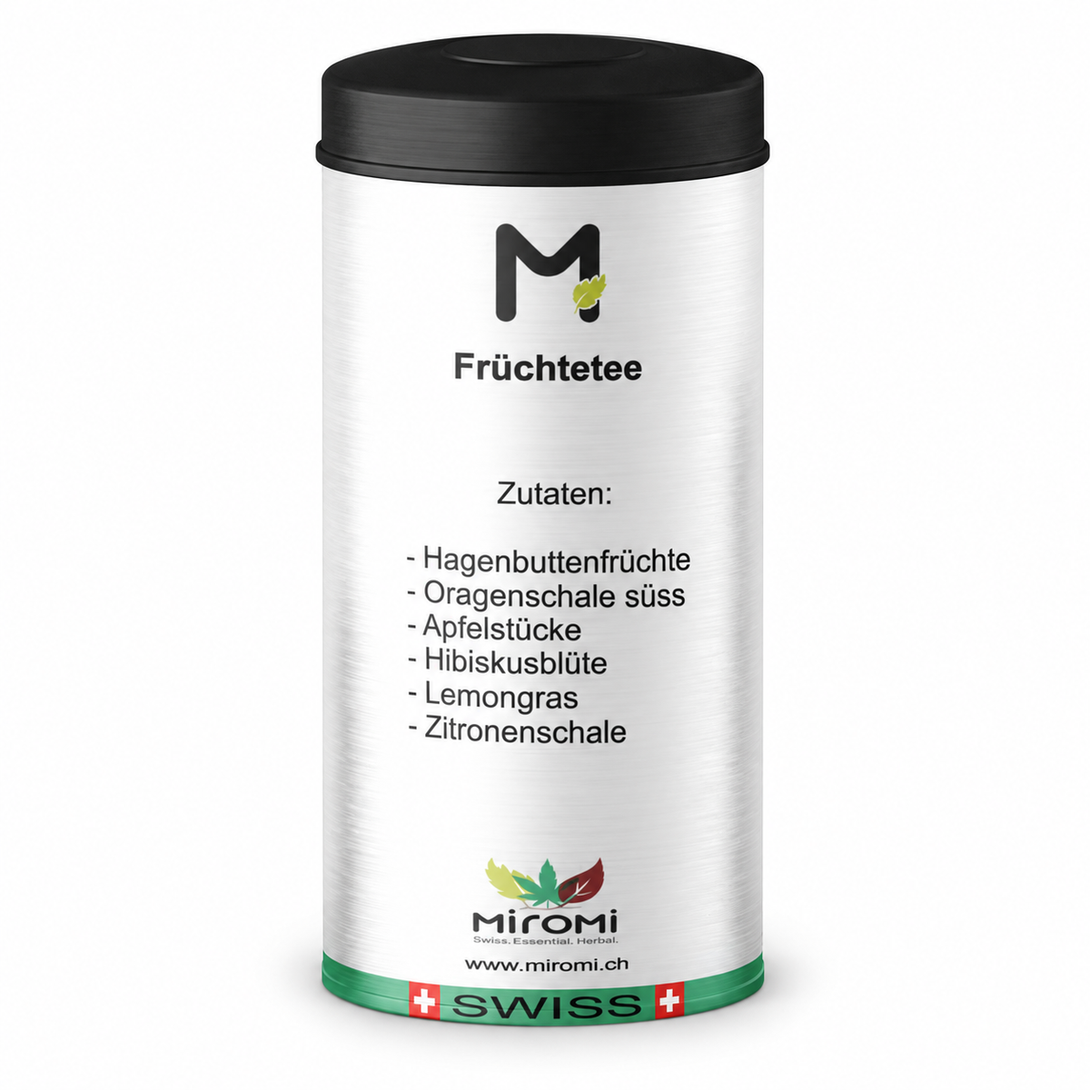 MIROMI Früchtetee: geschlossene Produktdose auf weissem Hintergrund.