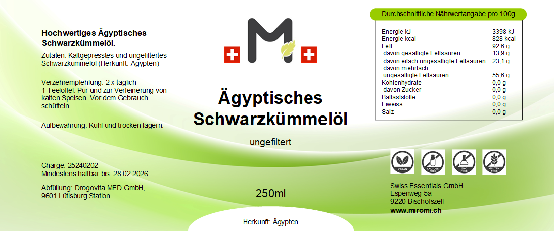 Ägyptisches Schwarzkümmelöl 250ml – Rückseite mit Etikette und Inhaltsstoffen | MIROMI - Swiss Essentials GmbH