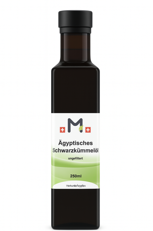MIROMI olio di cumino nero, 250 ml: bottiglia scura vista frontale.