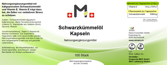 Ägyptisches Schwarzkümmelöl Kapseln – Rückseite mit Etikette und Inhaltsstoffen | MIROMI - Swiss Essentials GmbH