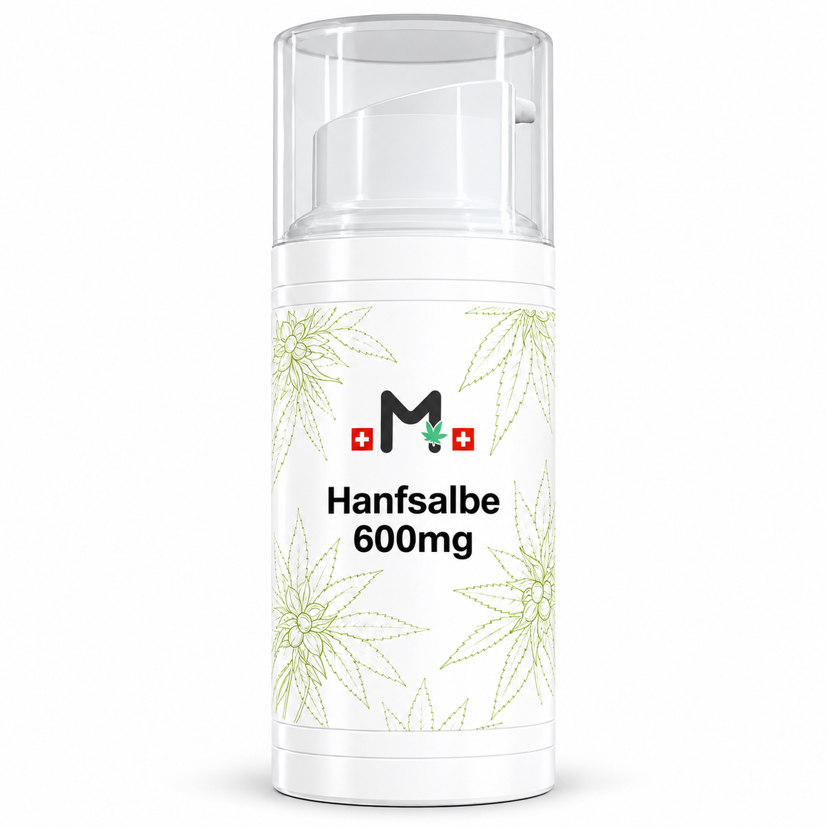 MIROMI Hanfsalbe 600 mg, 75 ml – weisser Pumpspender mit grünem Pflanzenmuster auf weissem Hintergrund