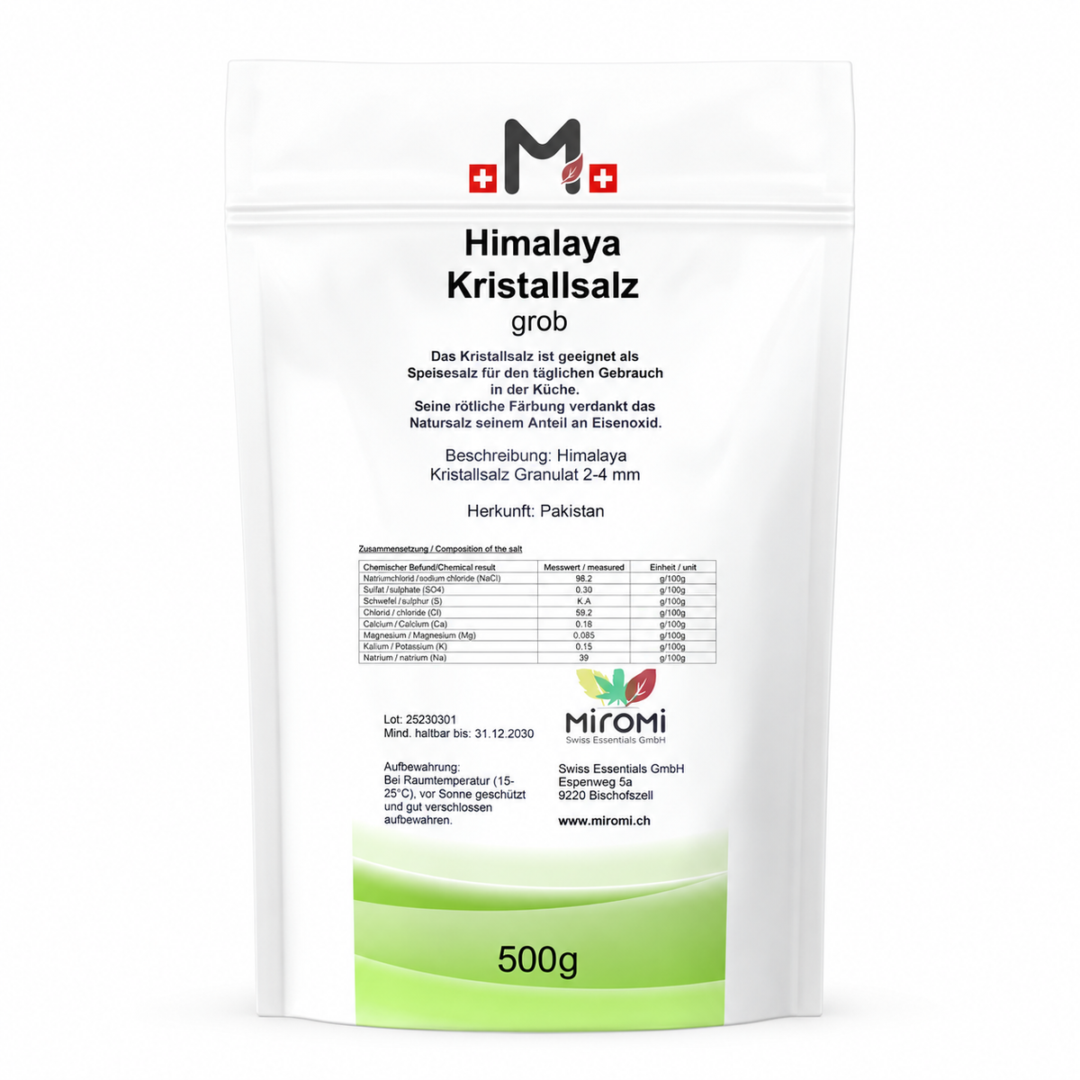 MIROMI Himalaya Kristallsalz grob, 500 g: weisser Beutel einzeln von vorn.
