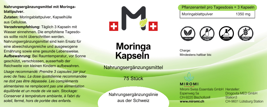 Moringa Kapseln – MIROMI Etikett mit Zutaten, Verzehrempfehlung und Nährwerten