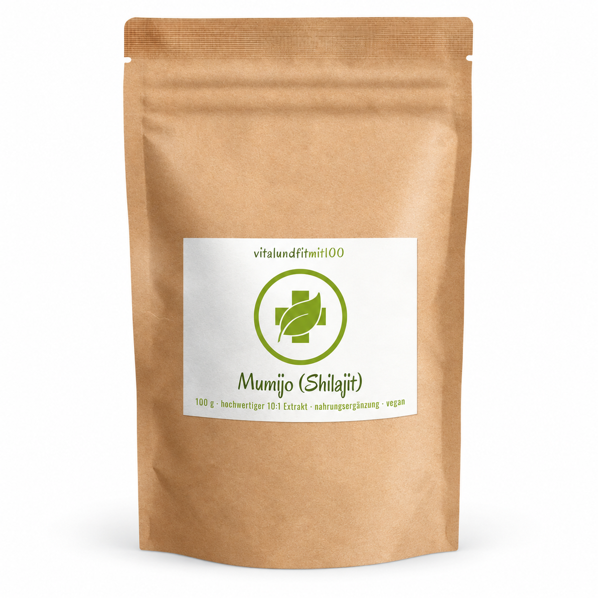 Mumijo (Shilajit) 10:1 Extrakt Pulver 100 g – Originalverpackung auf weissem Hintergrund