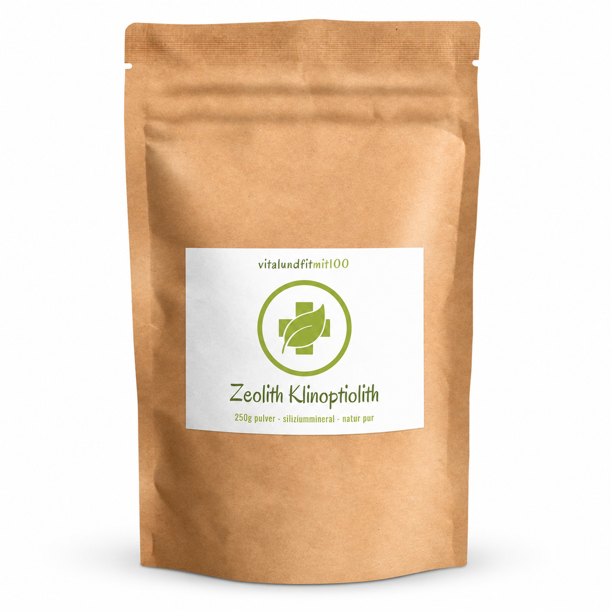 Zeolith Klinoptilolith Pulver, 250 g: geschlossener brauner Produktbeutel auf weissem Hintergrund.