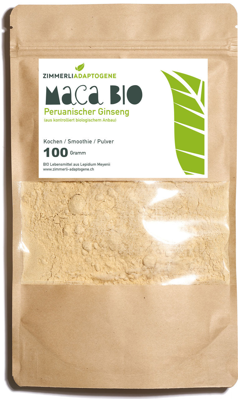 Zimmerli Adaptogene Maca BIO Pulver, 100 g: brauner Beutel mit hellbeigem Pulver im Sichtfenster.