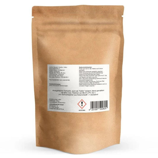 Anorganischer Schwefel 99,9 % Ph. Eur. fein gemahlen 500 g – Rückseite mit Etikette und Inhaltsstoffen | MIROMI - Swiss Essentials GmbH