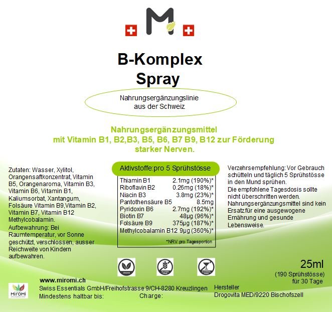 B-Komplex Spray – Rückseite mit Etikette und Inhaltsstoffen | MIROMI - Swiss Essentials GmbH