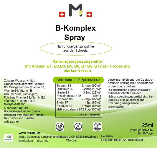 B-Komplex Spray – Rückseite mit Etikette und Inhaltsstoffen | MIROMI - Swiss Essentials GmbH