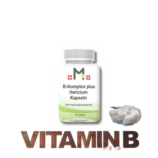 MIROMI complesso B plus Hericium: barattolo bianco accanto a un fungo hericium.