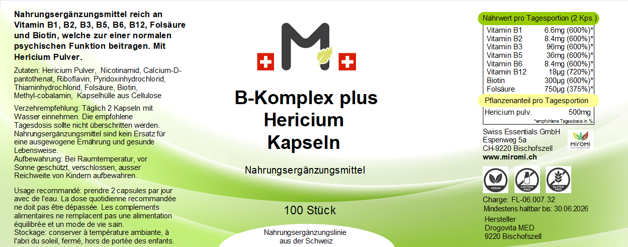 MIROMI complexe B plus Hericium: étiquette avec les informations produit.