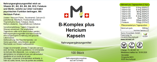 B-Komplex plus Hericium Kapseln – Rückseite mit Etikette und Inhaltsstoffen | MIROMI - Swiss Essentials GmbH