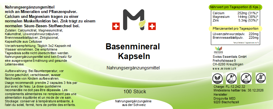MIROMI Basenmineral, 100 pezzi: etichetta con informazioni sul prodotto.