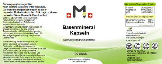Basenmineral Kapseln – Rückseite mit Etikette und Inhaltsstoffen | MIROMI - Swiss Essentials GmbH