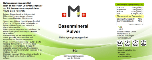 Basenmineral Pulver – Rückseite mit Etikette und Inhaltsstoffen | MIROMI - Swiss Essentials GmbH