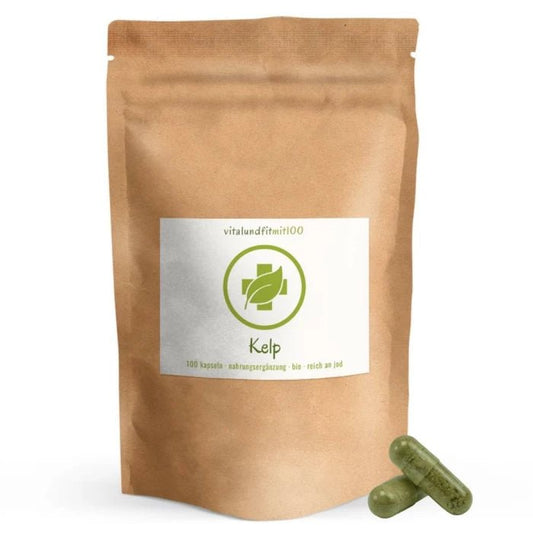 Kelp bio, 100 pezzi: busta marrone accanto a capsule verdi.