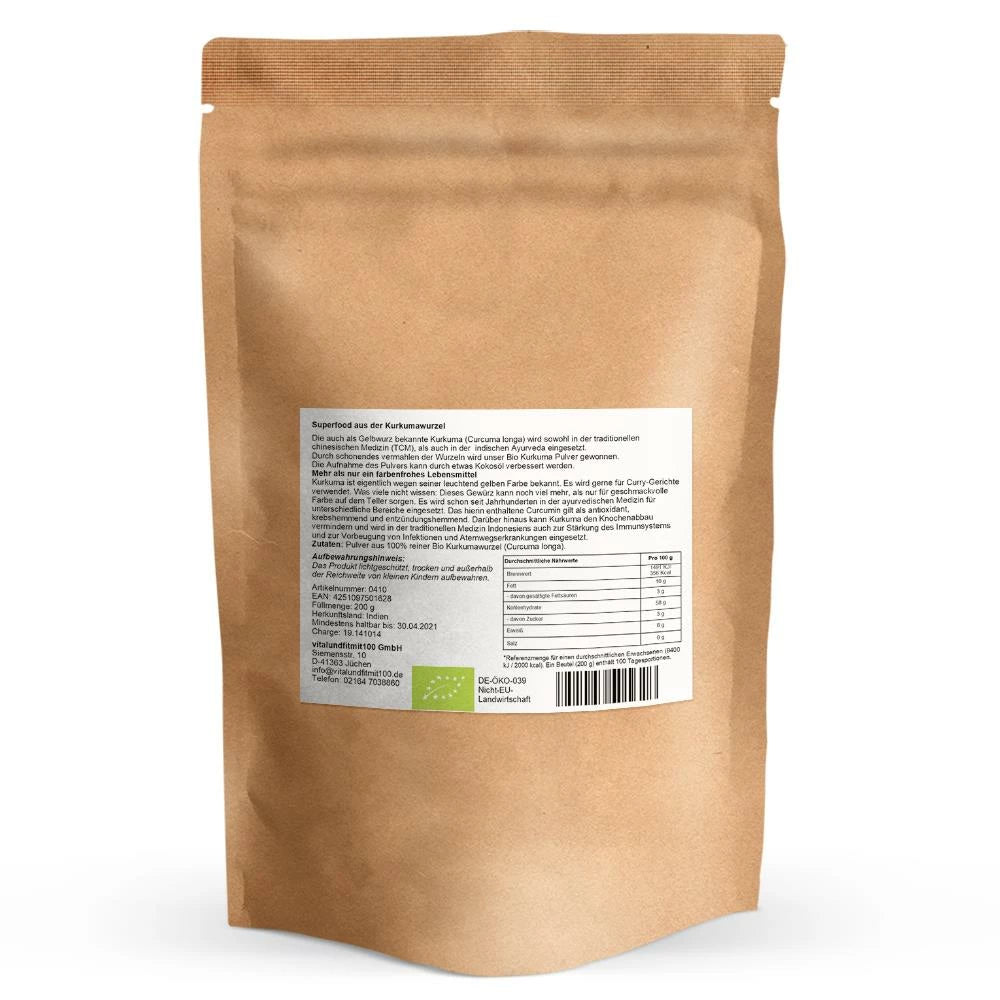 Bio Kurkuma Pulver 200 g – Rückseite mit Etikette und Inhaltsstoffen | MIROMI - Swiss Essentials GmbH