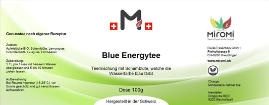 Blue Energy – Rückseite mit Etikette und Inhaltsstoffen | MIROMI - Swiss Essentials GmbH
