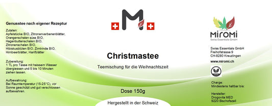 Christmastee – Rückseite mit Etikette und Inhaltsstoffen | MIROMI - Swiss Essentials GmbH