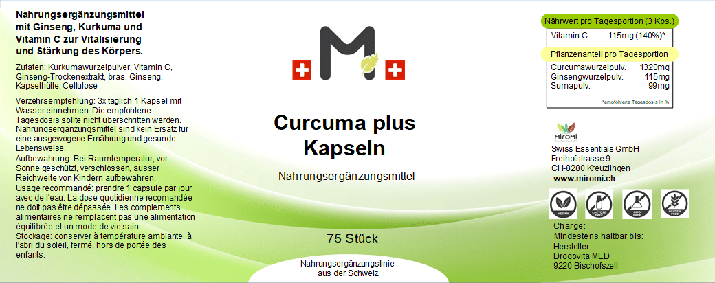 MIROMI Curcuma plus, 75 pezzi: etichetta con informazioni sul prodotto.