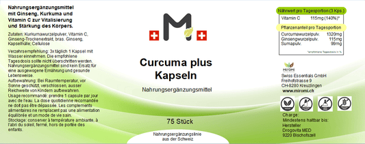 Curcuma plus Kapseln – Rückseite mit Etikette und Inhaltsstoffen | MIROMI - Swiss Essentials GmbH