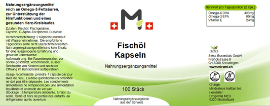 Fischöl Kapseln – Rückseite mit Etikette und Inhaltsstoffen | MIROMI - Swiss Essentials GmbH