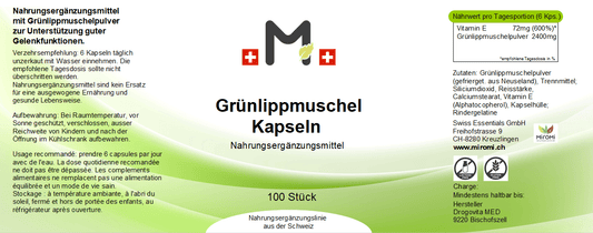 Grünlippmuschel Kapseln – Rückseite mit Etikette und Inhaltsstoffen | MIROMI - Swiss Essentials GmbH
