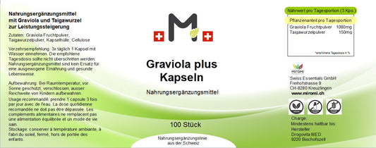 Graviola plus Kapseln – Rückseite mit Etikette und Inhaltsstoffen | MIROMI - Swiss Essentials GmbH
