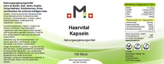 Haarvital Kapseln – Rückseite mit Etikette und Inhaltsstoffen | MIROMI - Swiss Essentials GmbH