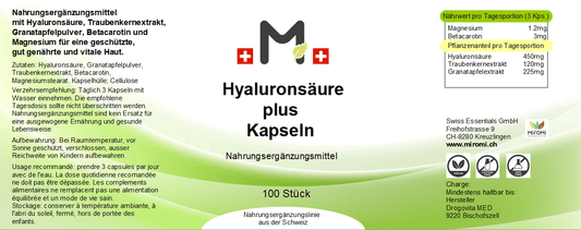 Hyaluronsäure plus Kapseln – Rückseite mit Etikette und Inhaltsstoffen | MIROMI - Swiss Essentials GmbH