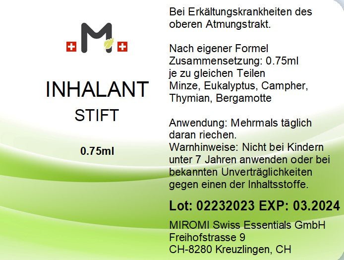 MIROMI Inhalant Stift, 0,75 ml: Etikett mit Produktangaben.