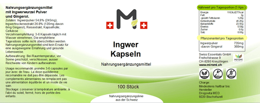 Ingwer Kapseln – Rückseite mit Etikette und Inhaltsstoffen | MIROMI - Swiss Essentials GmbH