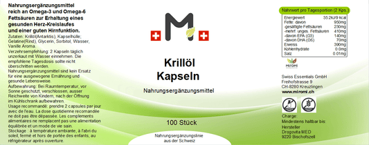 Krillöl Kapseln – Rückseite mit Etikette und Inhaltsstoffen | MIROMI - Swiss Essentials GmbH