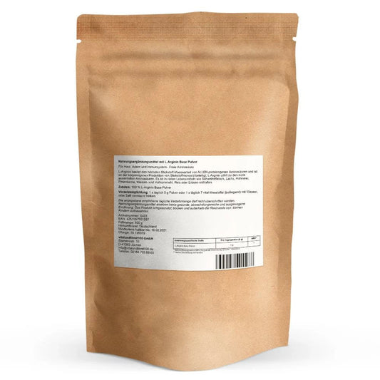 L-Arginin Base Pulver (pflanzlich) 500 g – Rückseite mit Etikette und Inhaltsstoffen | MIROMI - Swiss Essentials GmbH