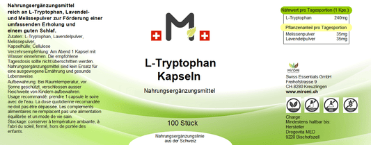 L-Tryptophan Kapseln – Rückseite mit Etikette und Inhaltsstoffen | MIROMI - Swiss Essentials GmbH