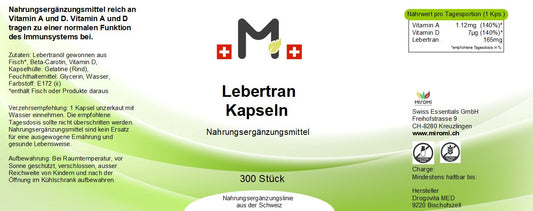 Lebertran Kapseln – Rückseite mit Etikette und Inhaltsstoffen | MIROMI - Swiss Essentials GmbH