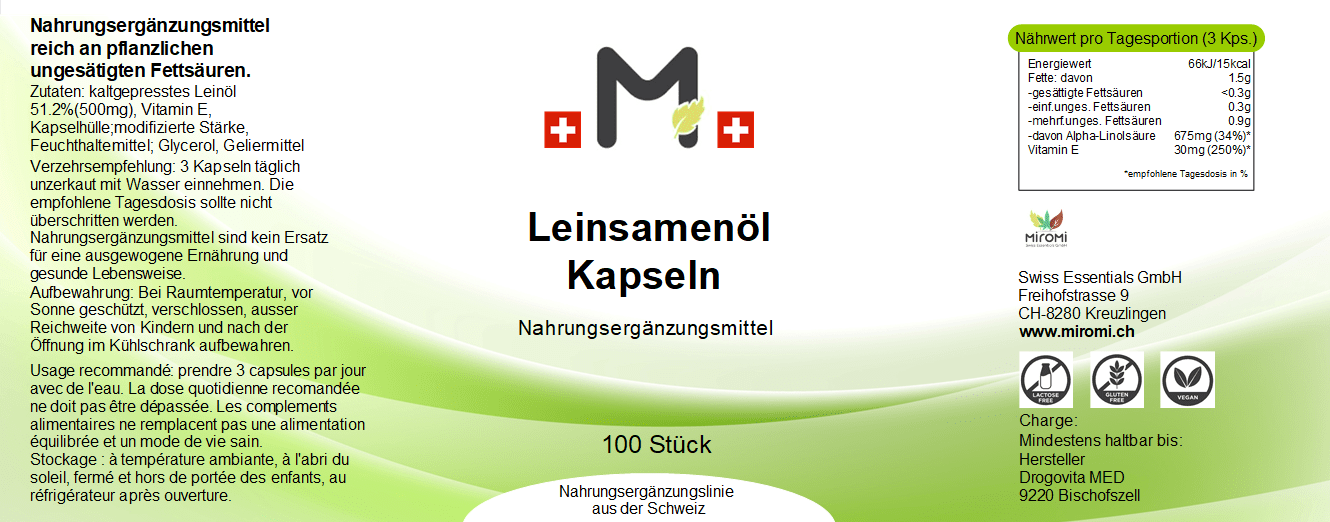 Leinsamenöl Kapseln – Rückseite mit Etikette und Inhaltsstoffen | MIROMI - Swiss Essentials GmbH