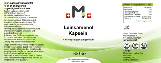 Leinsamenöl Kapseln – Rückseite mit Etikette und Inhaltsstoffen | MIROMI - Swiss Essentials GmbH