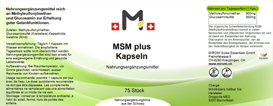 MSM plus Kapseln – Rückseite mit Etikette und Inhaltsstoffen | MIROMI - Swiss Essentials GmbH