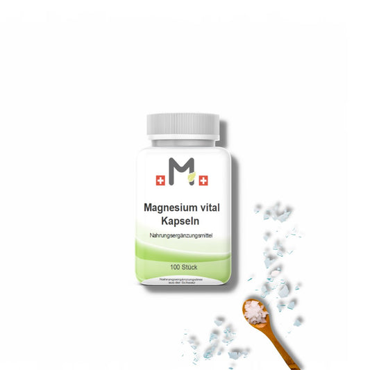 MIROMI magnesio vital, 100 pezzi: barattolo bianco accanto a cristalli.