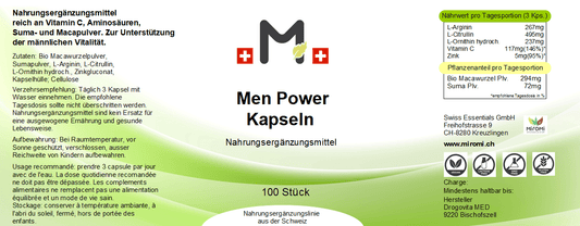 Men Power Kapseln – Rückseite mit Etikette und Inhaltsstoffen | MIROMI - Swiss Essentials GmbH