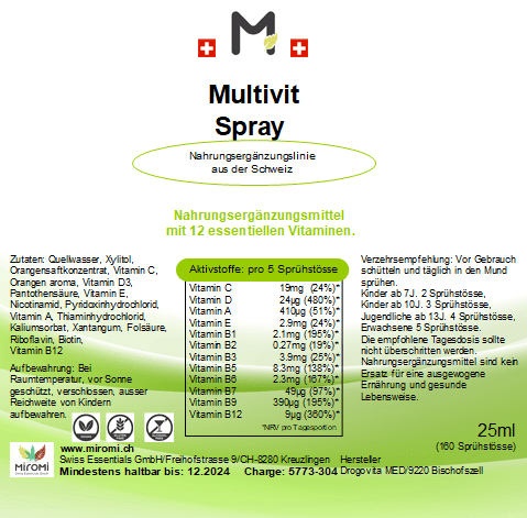 Multivit Spray – Rückseite mit Etikette und Inhaltsstoffen | MIROMI - Swiss Essentials GmbH