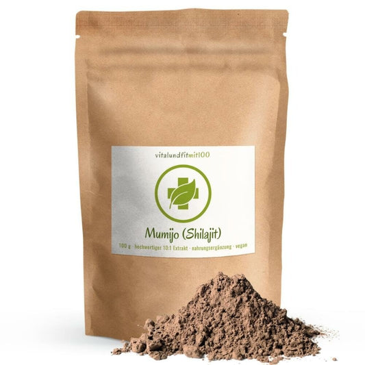 Mumijo Shilajit 10-1, 100 g: busta marrone accanto a polvere marrone.