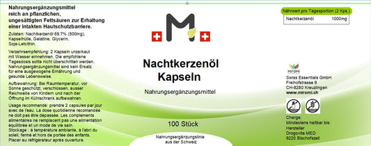 Nachtkerzenöl Kapseln – Rückseite mit Etikette und Inhaltsstoffen | MIROMI - Swiss Essentials GmbH