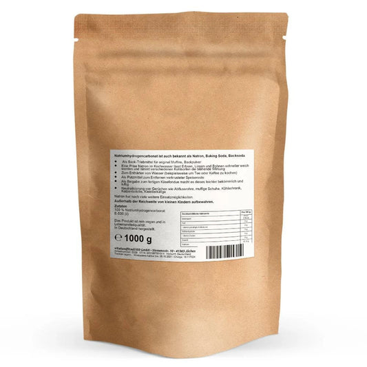 Bicarbonato di sodio, 1000 g: retro della busta con informazioni sul prodotto.