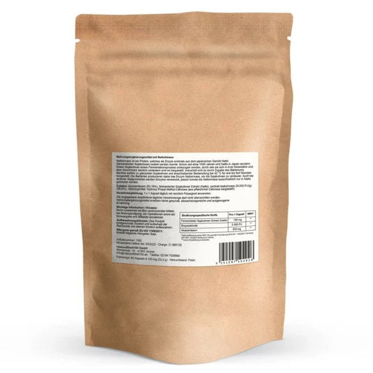 Nattokinase Kapseln 60 Stück à 100 mg – Rückseite mit Etikette und Inhaltsstoffen | MIROMI - Swiss Essentials GmbH