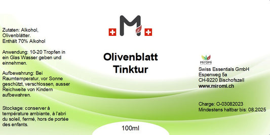 Olivenblatt Tinktur 100 ml – Rückseite mit Etikette und Inhaltsstoffen | MIROMI - Swiss Essentials GmbH